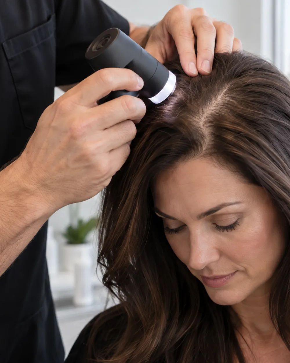 A clinician examining a patient’s scalp at the parting with a handheld dermatoscope.