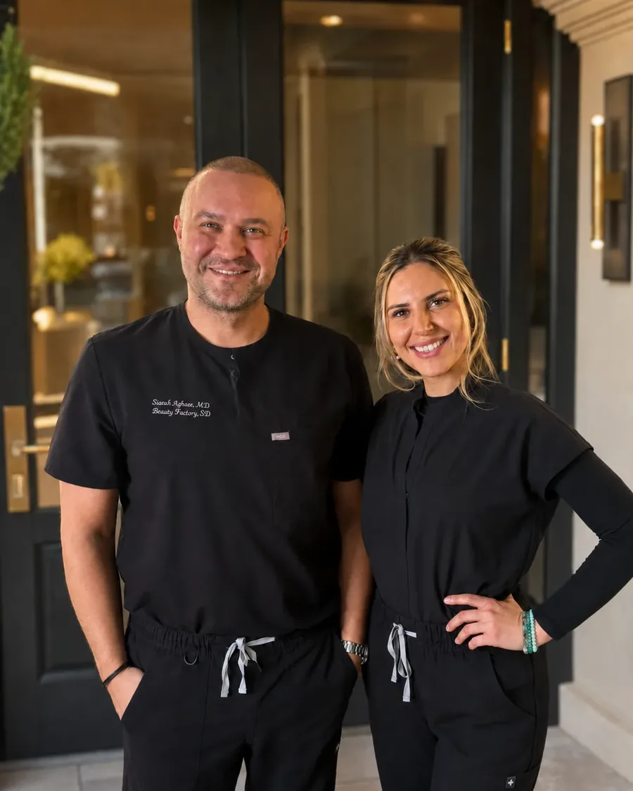 Stanislav Zayets, MD and Giavanna Alpin, FNP outside the Beauty Factory SD entrance.
