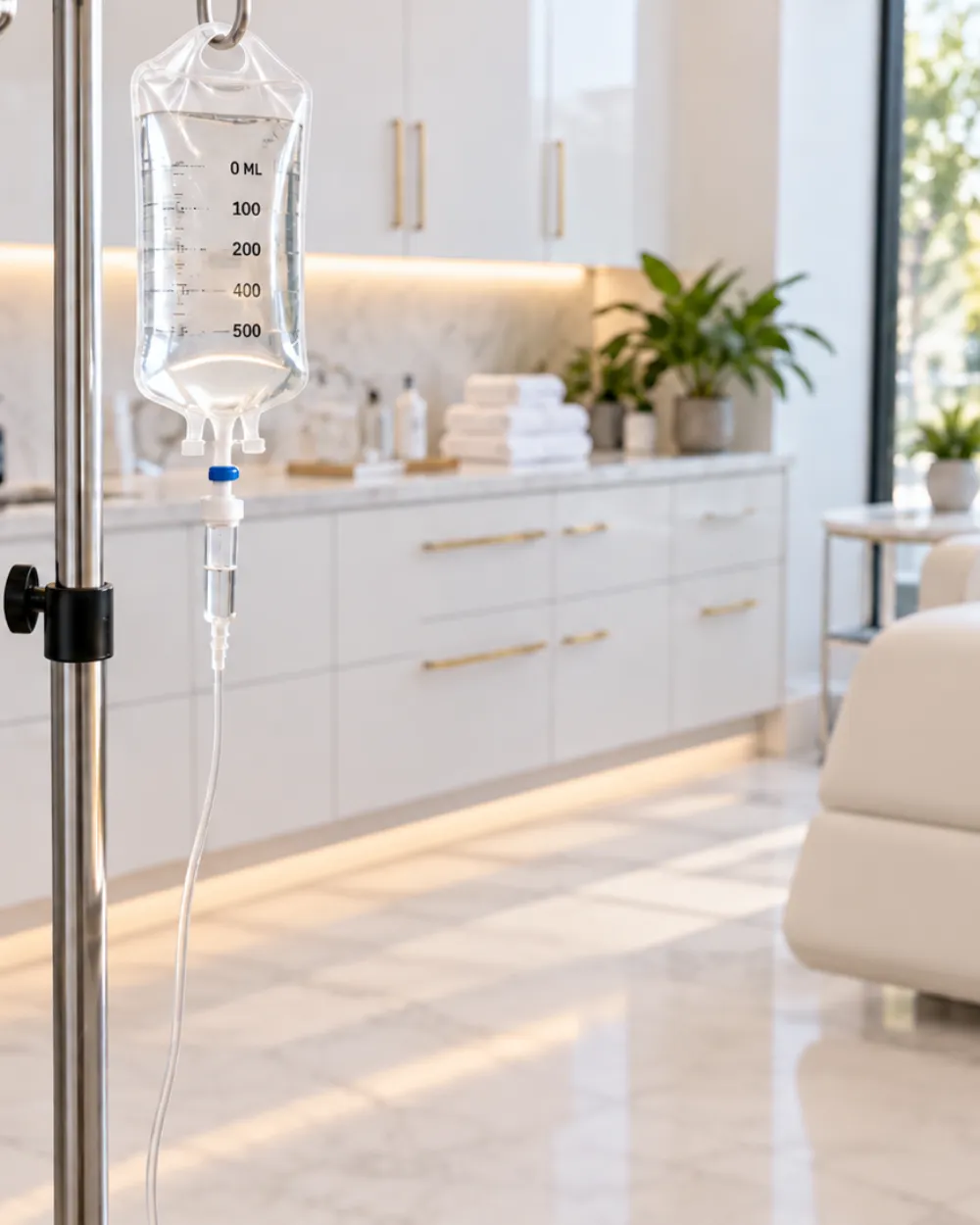 An IV drip stand beside a reclining chair in a bright treatment room.