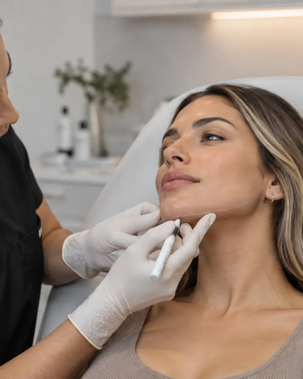 A gloved clinician marking injection points along a patient’s jawline before treatment.