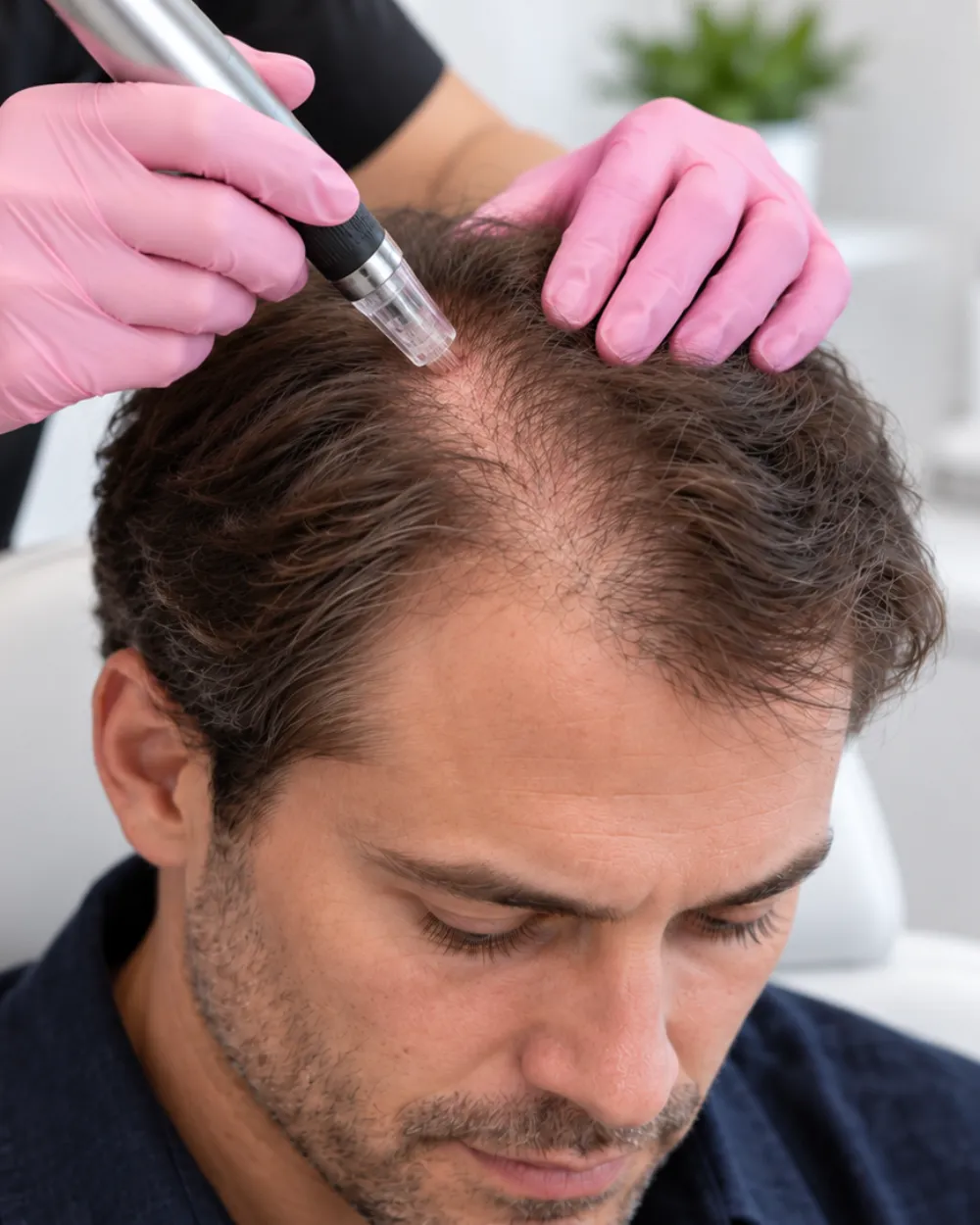 A gloved clinician using a microneedling pen on a patient’s scalp at the crown.