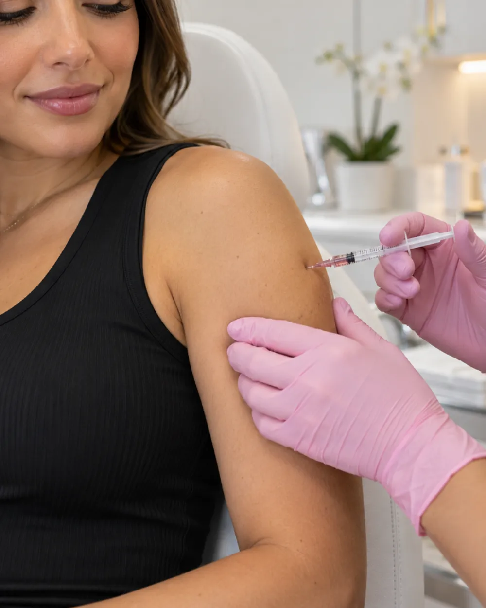A gloved clinician giving an injection into a patient’s upper arm.