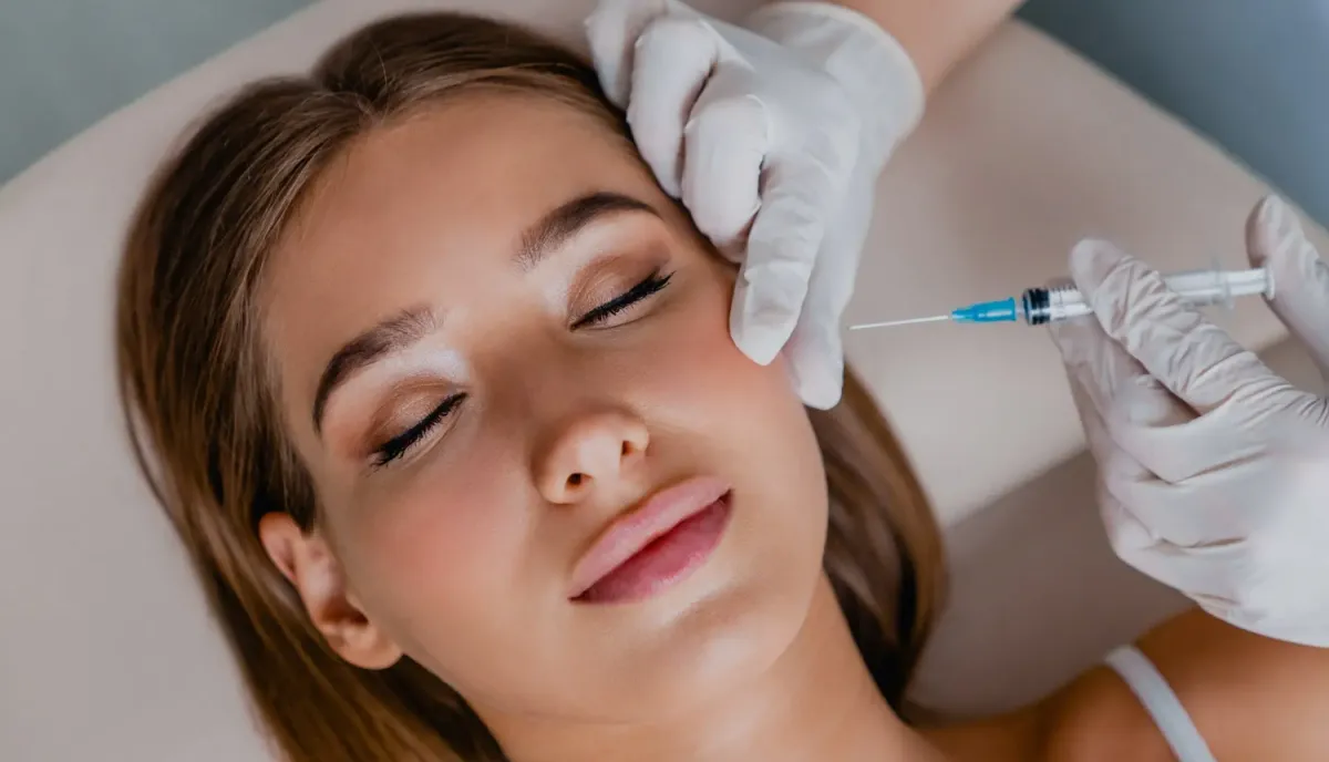 A gloved clinician injecting near the outer corner of a reclining patient’s eye.