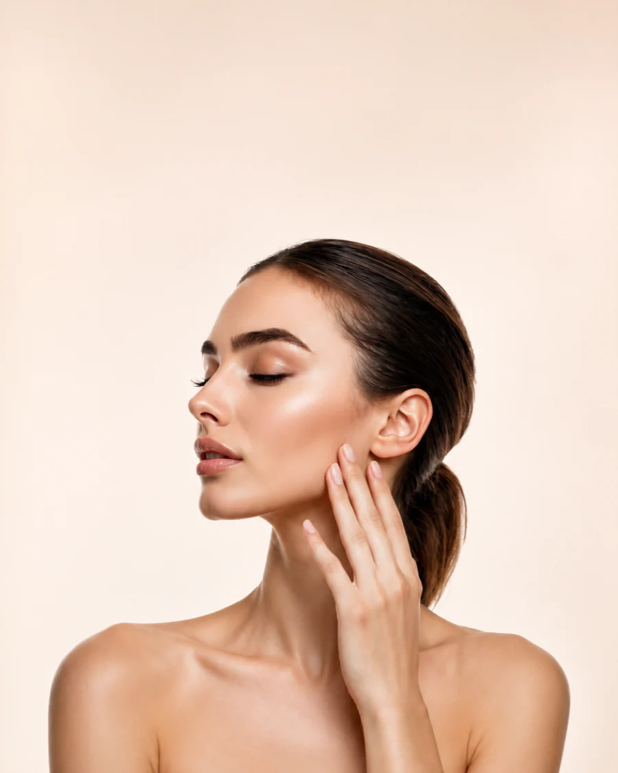 A woman with smooth, even skin resting a hand against her jawline.