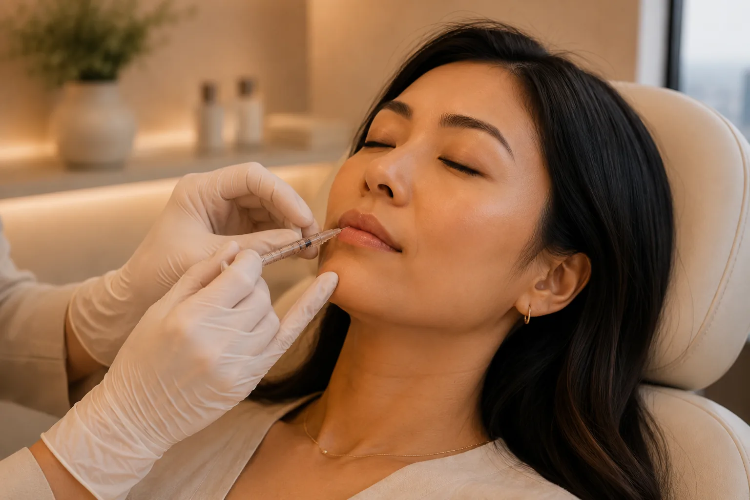 A clinician placing dermal filler in a patient's upper lip, the patient reclined and relaxed.