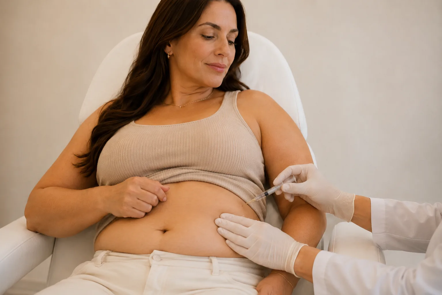 A clinician administering a weight-management injection to a seated patient.