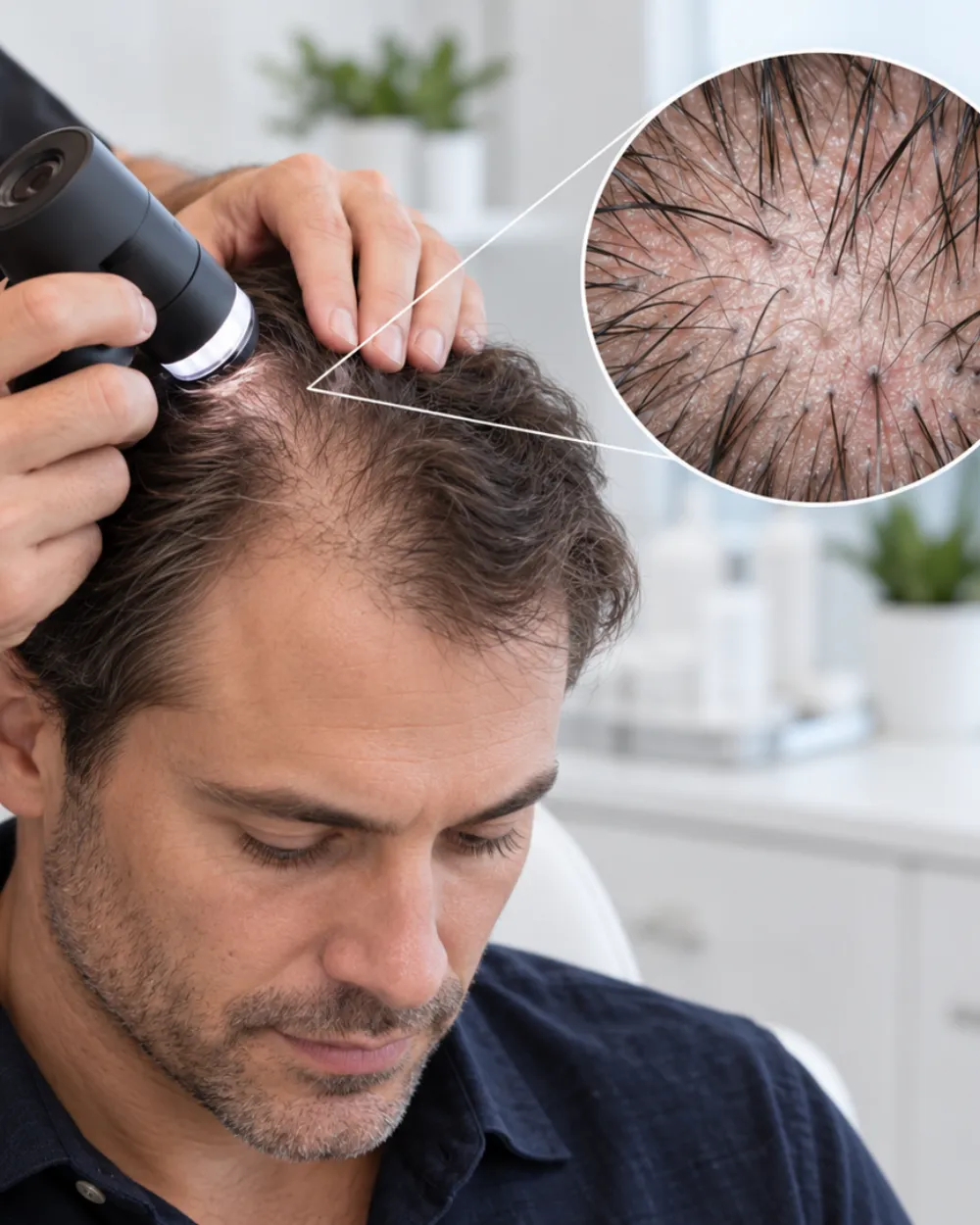 A clinician examining a patient’s scalp with a handheld dermatoscope, with a magnified view of the hair follicles.